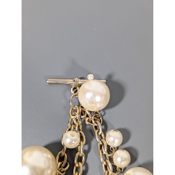 Retro Faux Pearl Charm Triple Chain ChaCha Bracelet Gold Tone Elegant 7" - Picture 10 of 11
